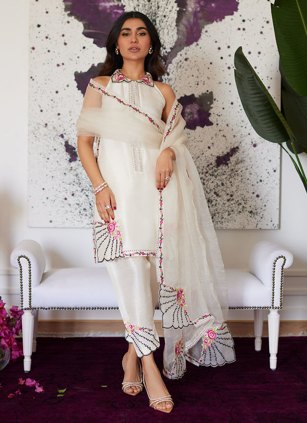 GENEVIVE PEARL WHITE EMBROIDERED RAW SILK SHIRT WITH DUPATTA