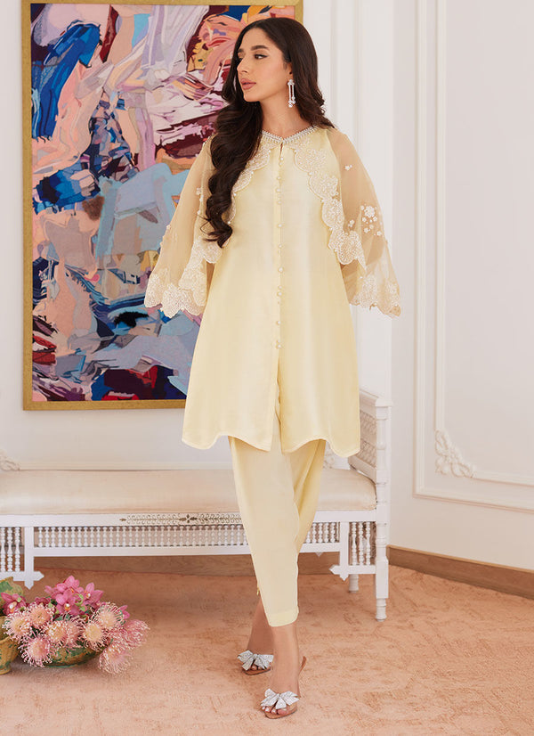 ESMERALDA PASTEL YELLOW RAW SILK SHIRT WITH ATTACHED CAPE