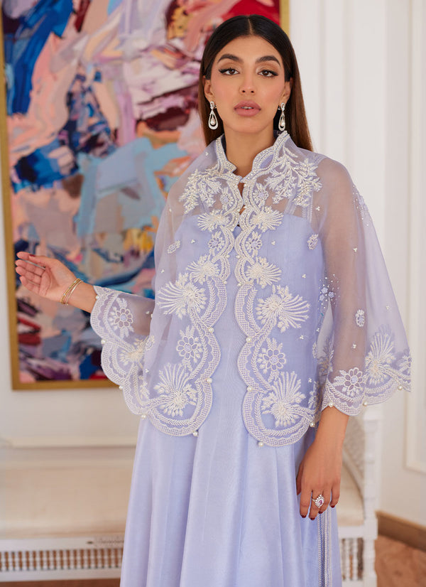 FLEUR LAVENDER EMBROIDERED RAW SILK SHIRT WITH CAPE