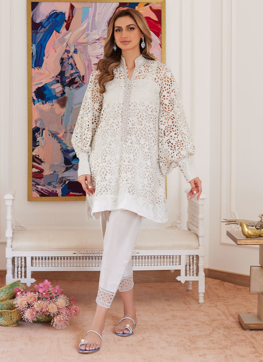 OPHELIA IVORY EMBROIDERED SCHIFFLI RAW SILK SHIRT