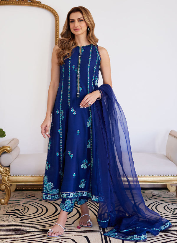 ELSYEE ROYAL BLUE EMBROIDERED RAW SILK SHIRT WITH DUPATTA