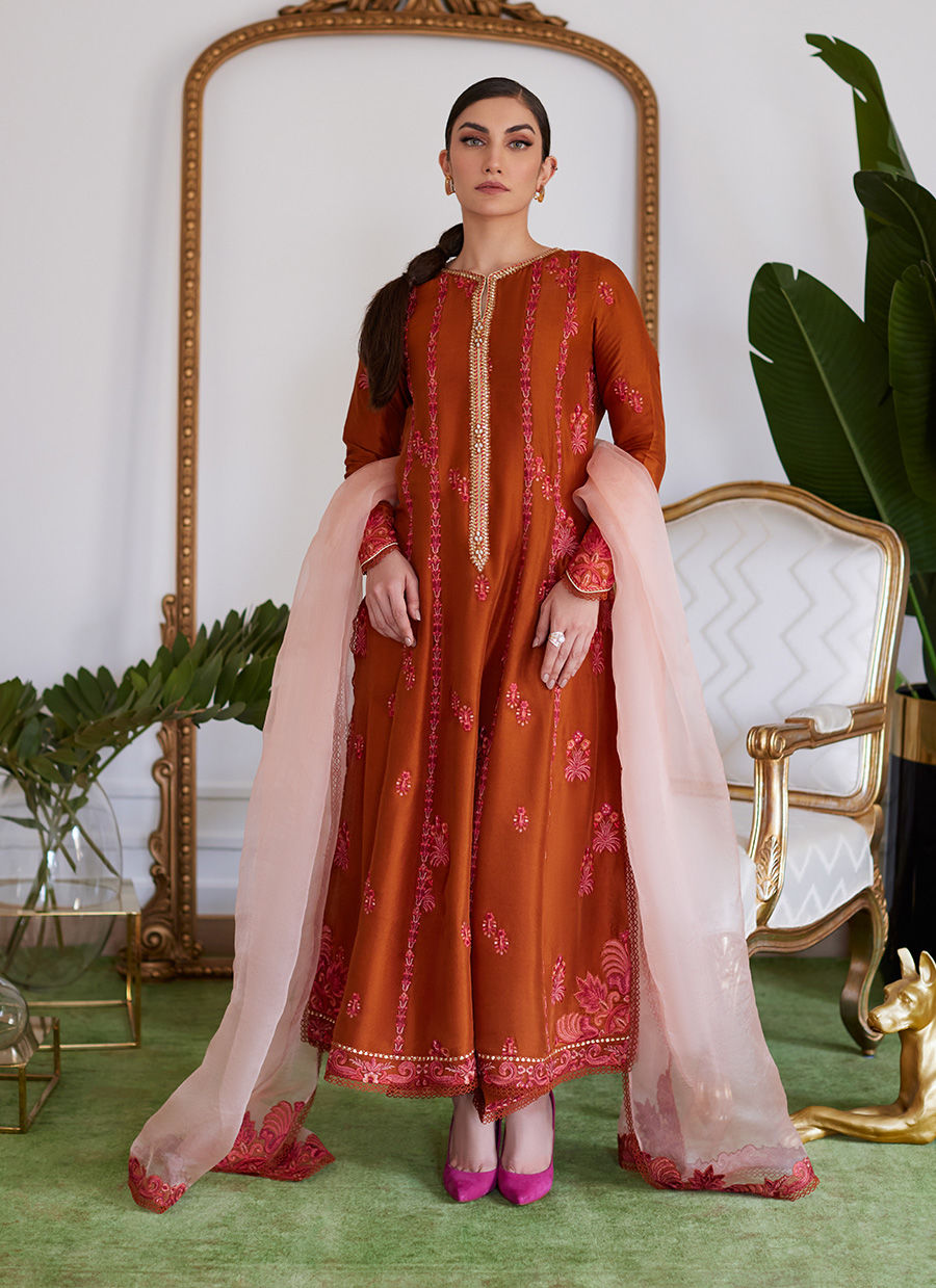 SENEERA EMBROIDERED RUST RAW SILK KALIDAAR WITH DUPATTA