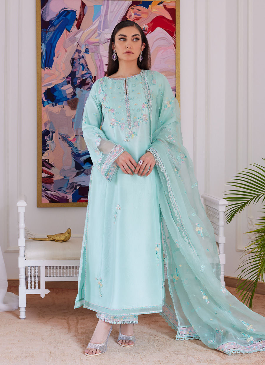 AURELLA MINT EMBROIDERED RAW SILK SHIRT WITH DUPATTA